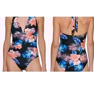 DKNY Women's Large One‎ Piece Tummy Control Swimsuit Black Floral Print Halter